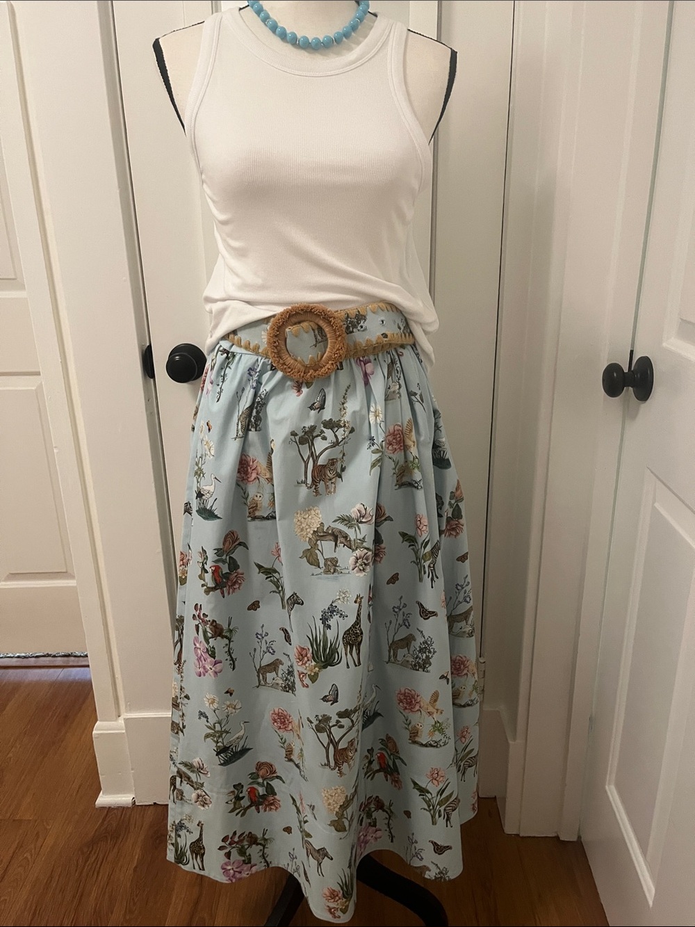 Antonio Melani Polished Cotton Botanical Midi Skirt Raffia Trim Belt Rt 275 Sz 1